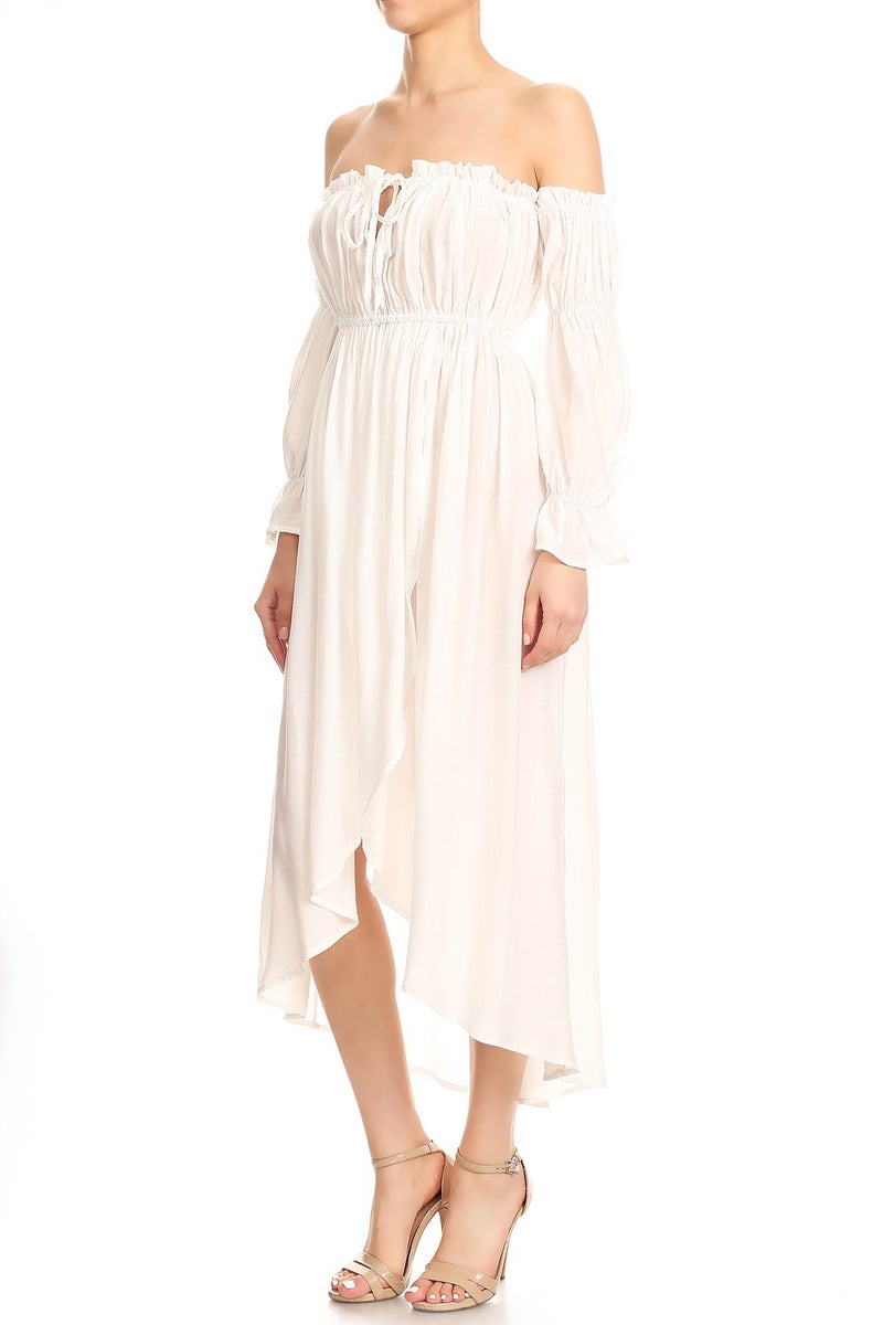 Anna-Kaci Womens Boho Long Sleeve Off Shoulder Renaissance Peasant Dress, Off-White, Large - Image 3